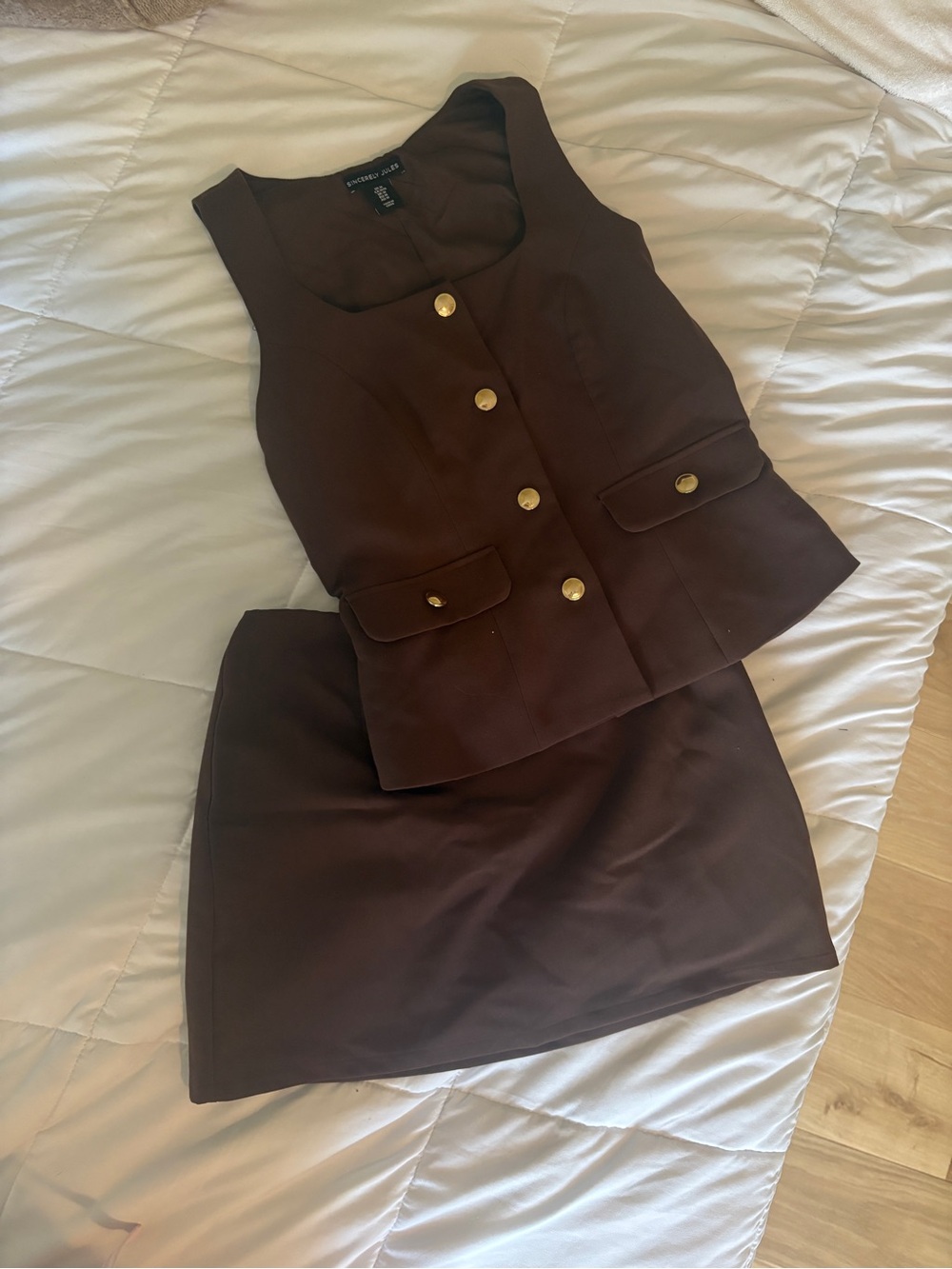 Sincerly Jules Chocolate Brown Two-Piece Skirt & Vest Set with Gold Buttons